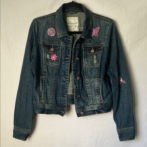 Aeropostale Women's Blue Jean Jacket with Pink Embellishments Size Large